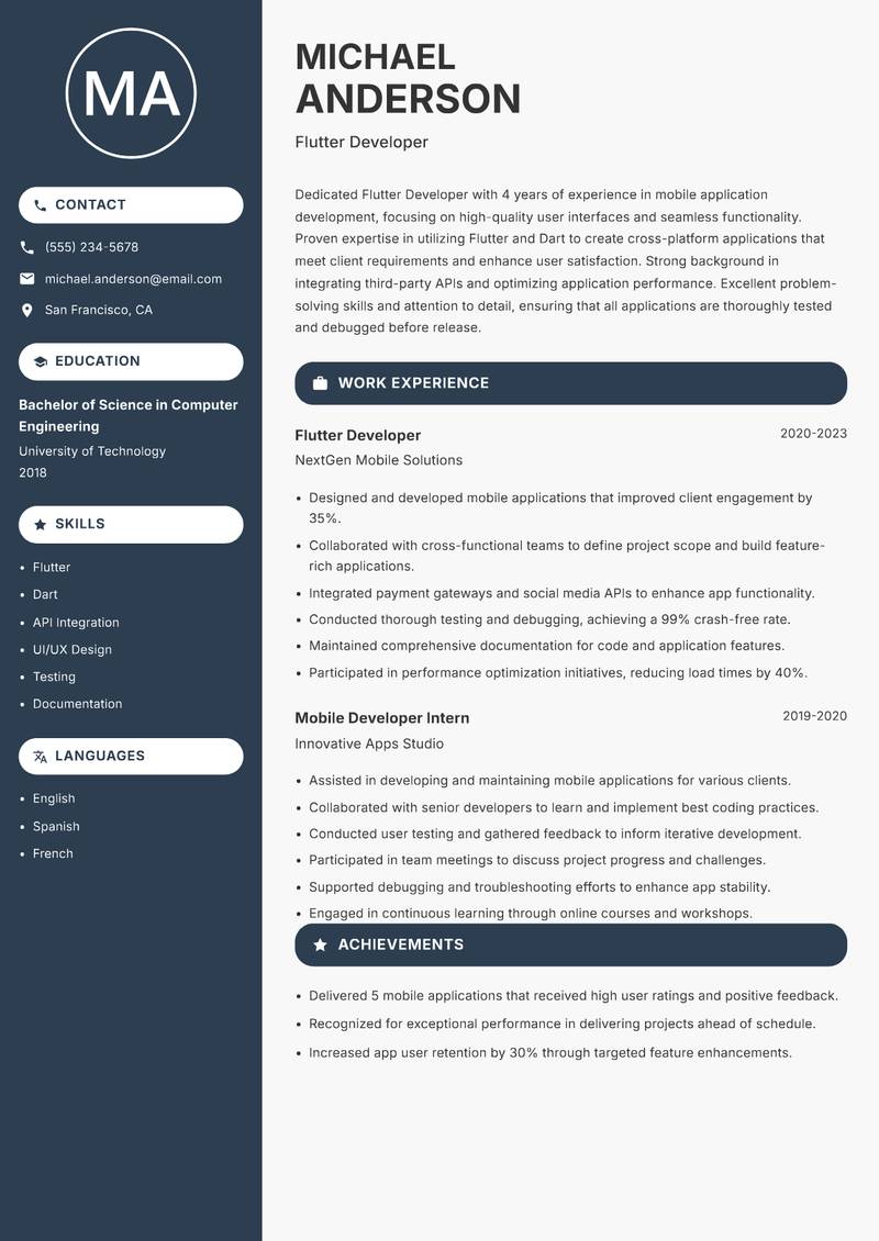 Flutter Developer resume sample — Flutter Developer focus