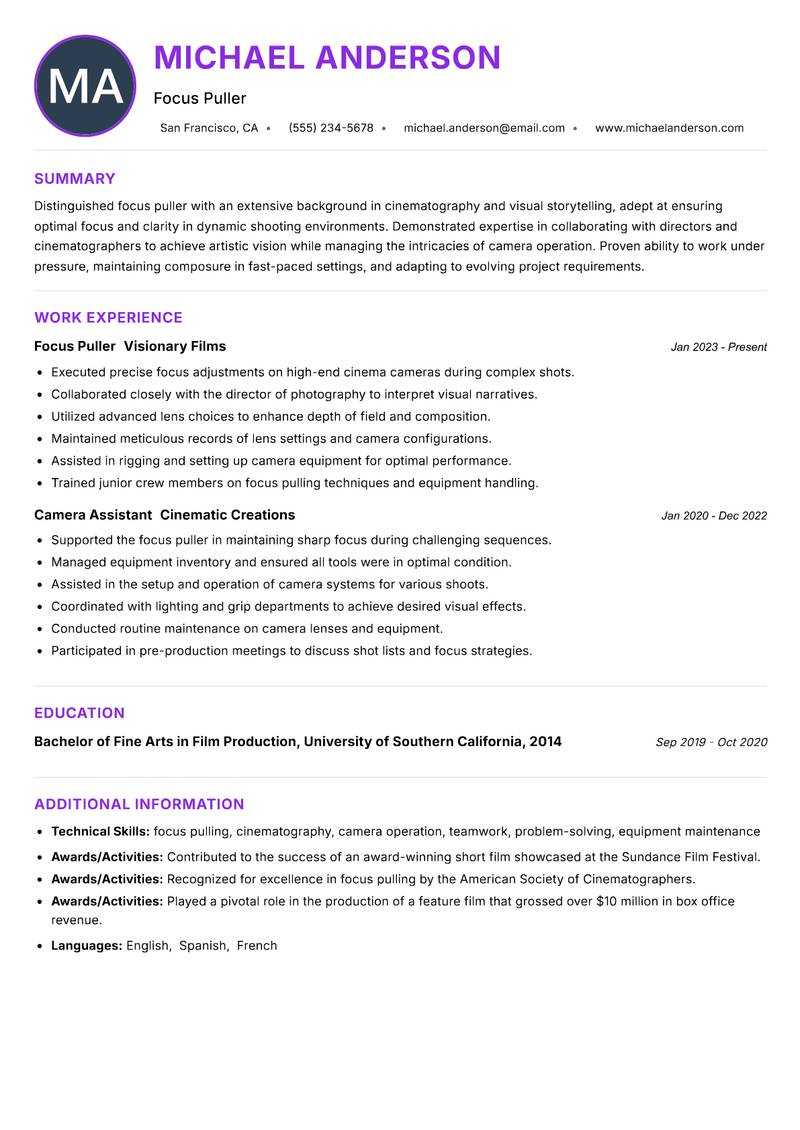 Focus Puller resume example