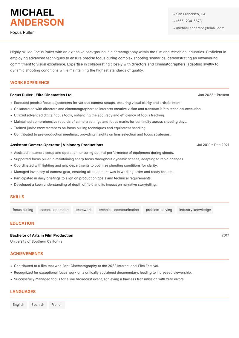 Focus Puller resume sample — Focus Puller focus