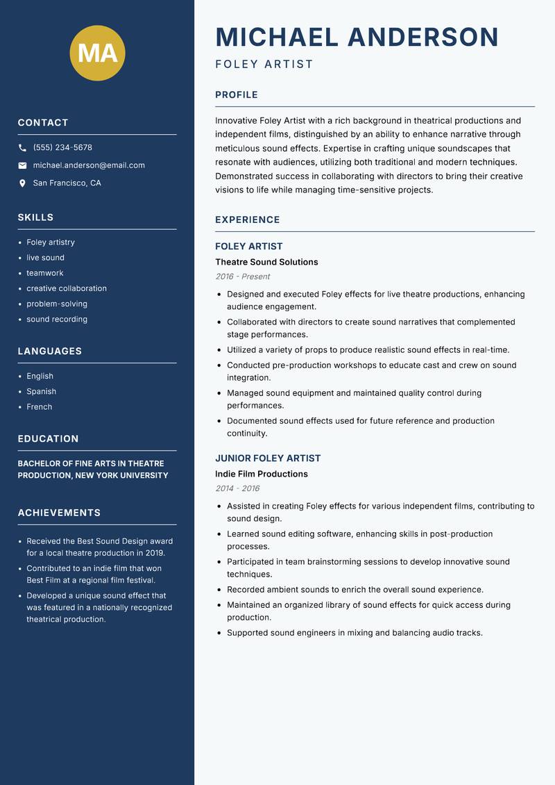 Foley Artist resume sample — Foley Artist focus