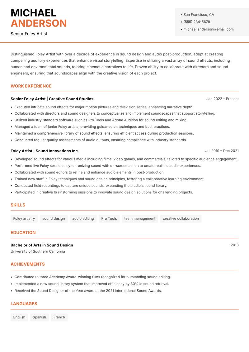 Foley Artist resume sample — Senior Foley Artist focus