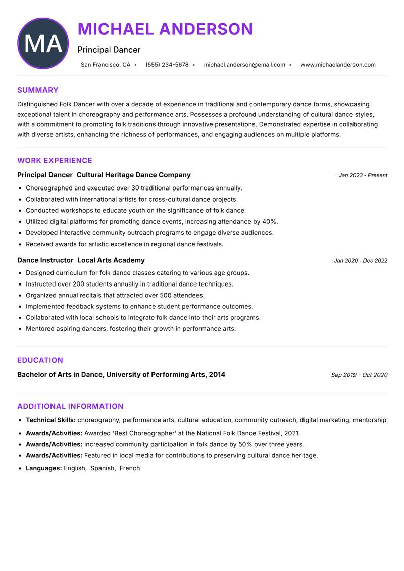 Folk Dancer resume example