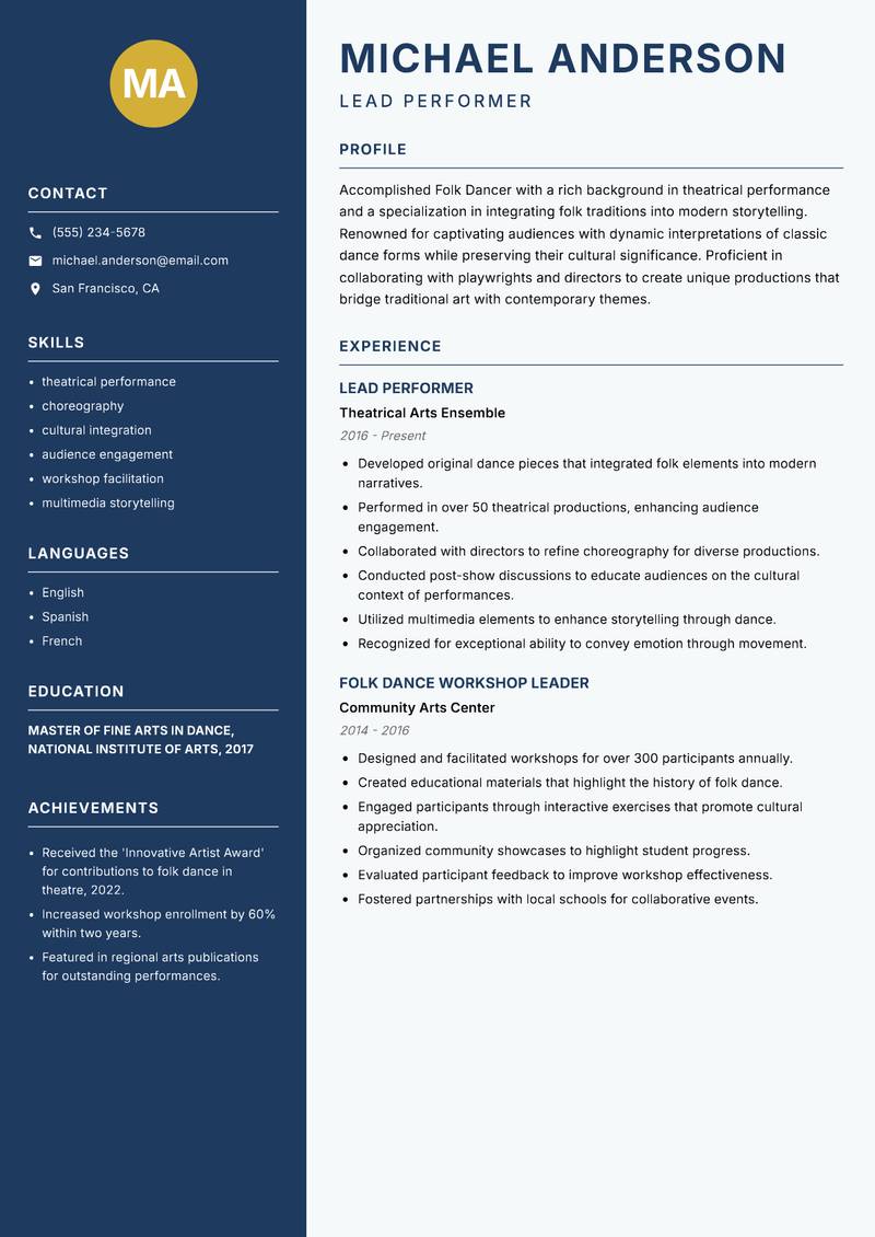 Folk Dancer resume sample — Lead Performer focus