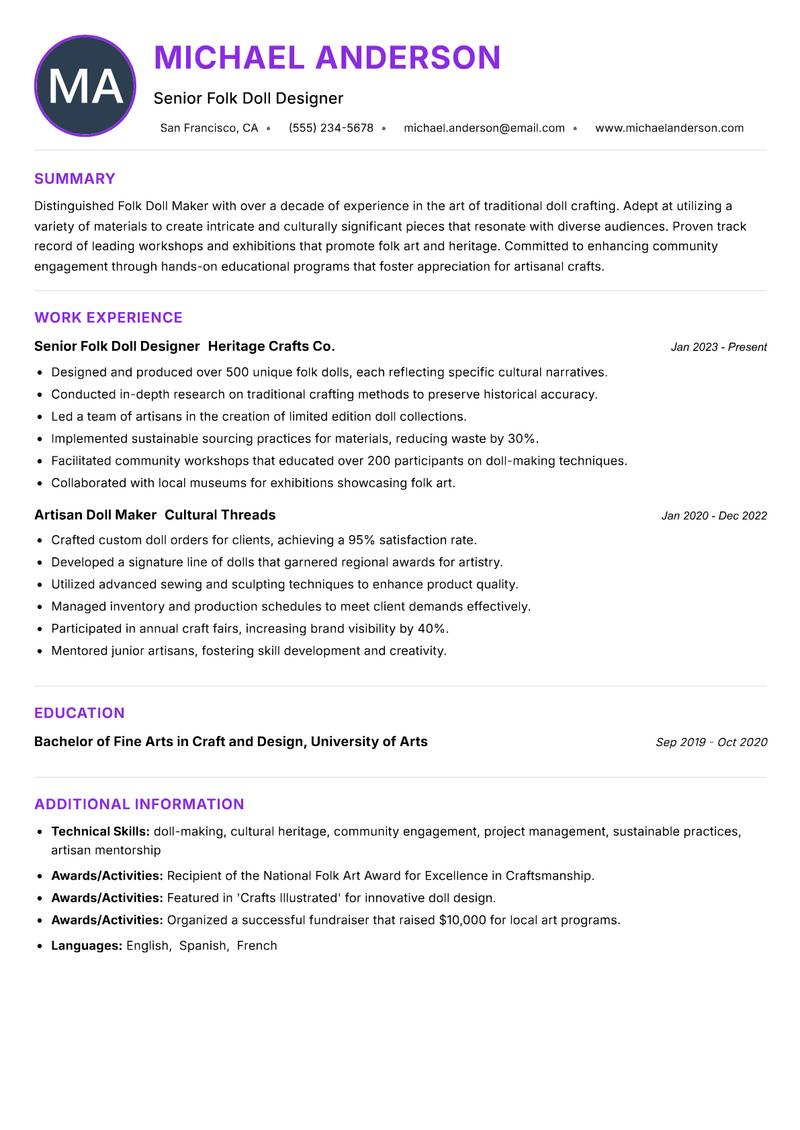 Folk Doll Maker resume example