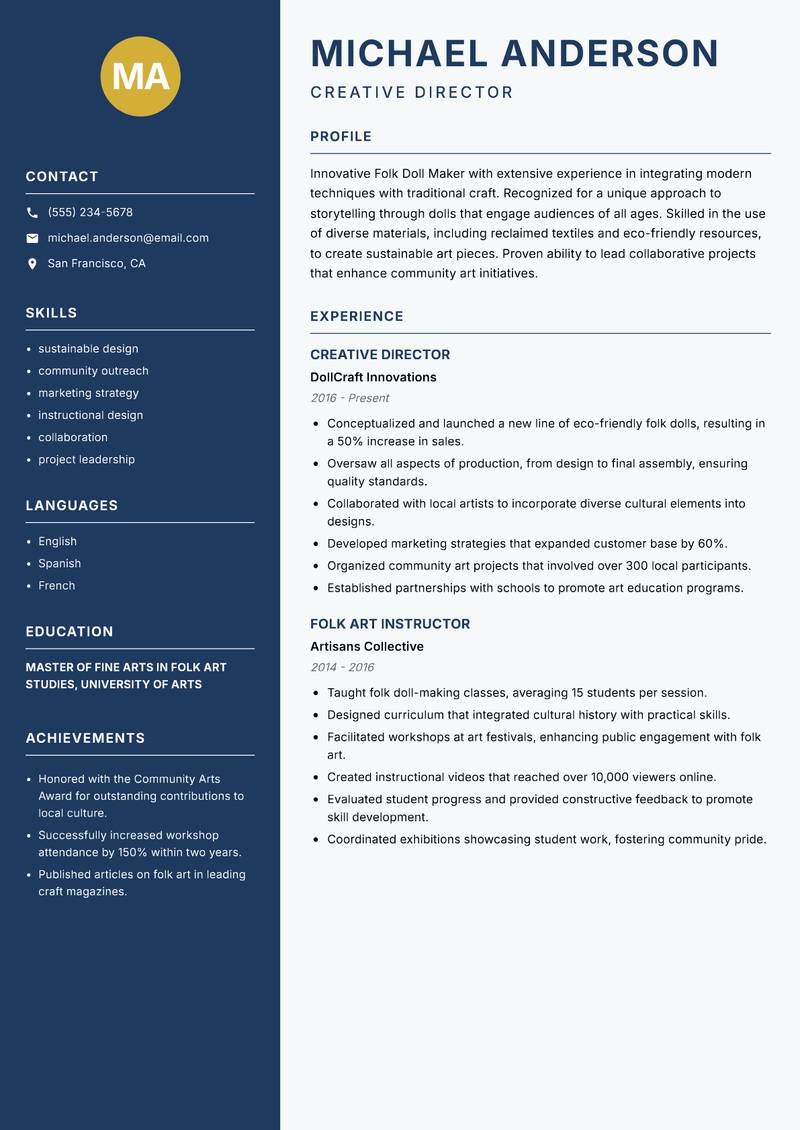 Folk Doll Maker resume sample — Creative Director focus