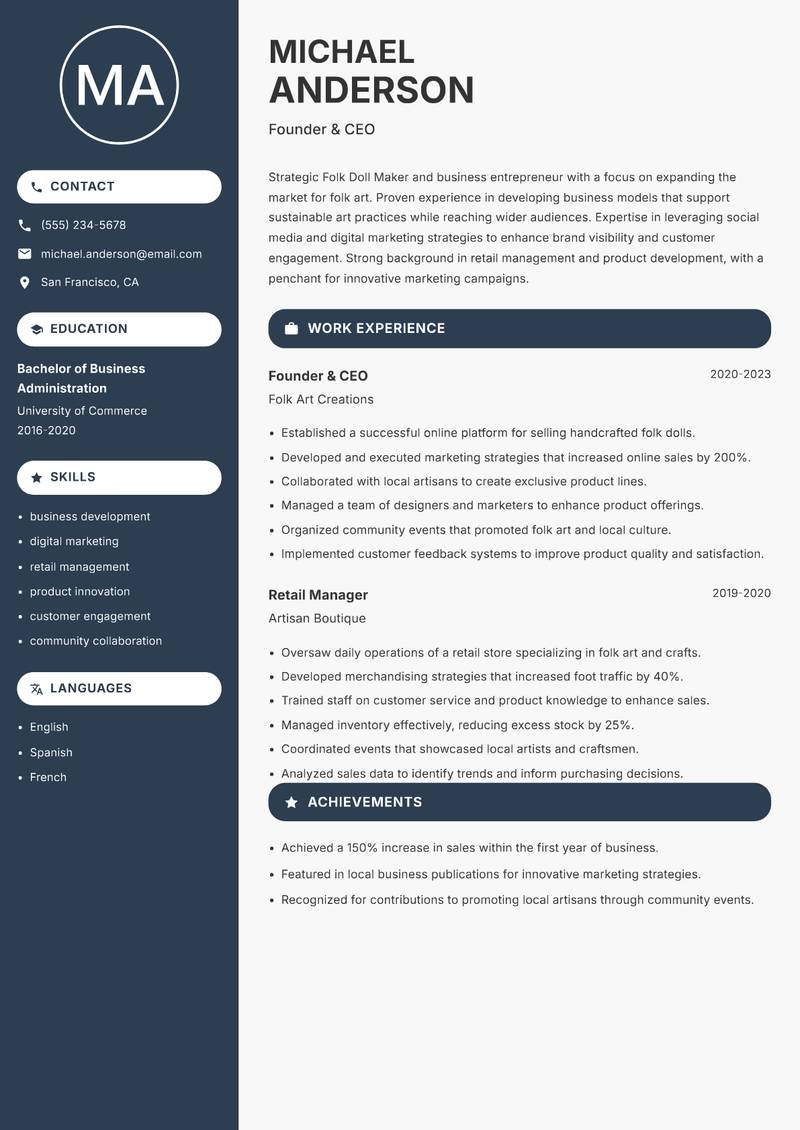 Folk Doll Maker resume sample — Founder & CEO focus