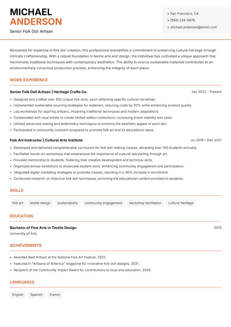Folk Doll Maker resume sample — Senior Folk Doll Artisan focus