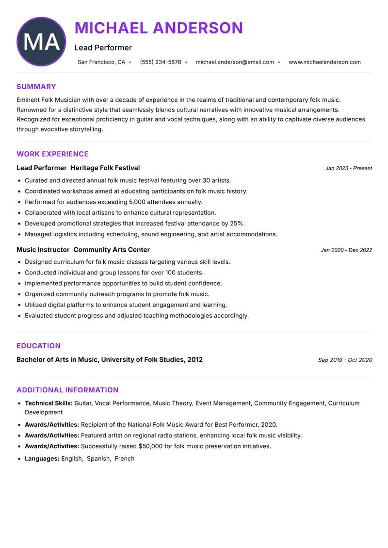 Folk Musician resume example