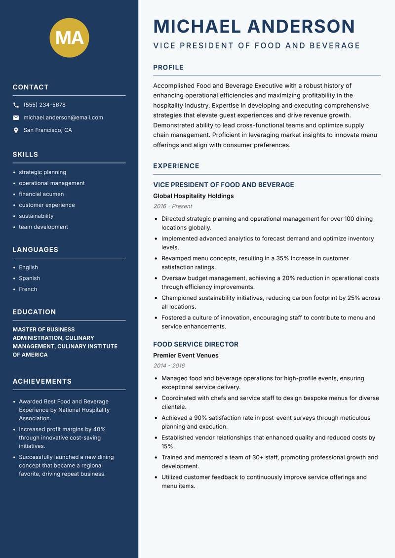 Food and Beverage Executive resume sample — Vice President of Food and Beverage focus