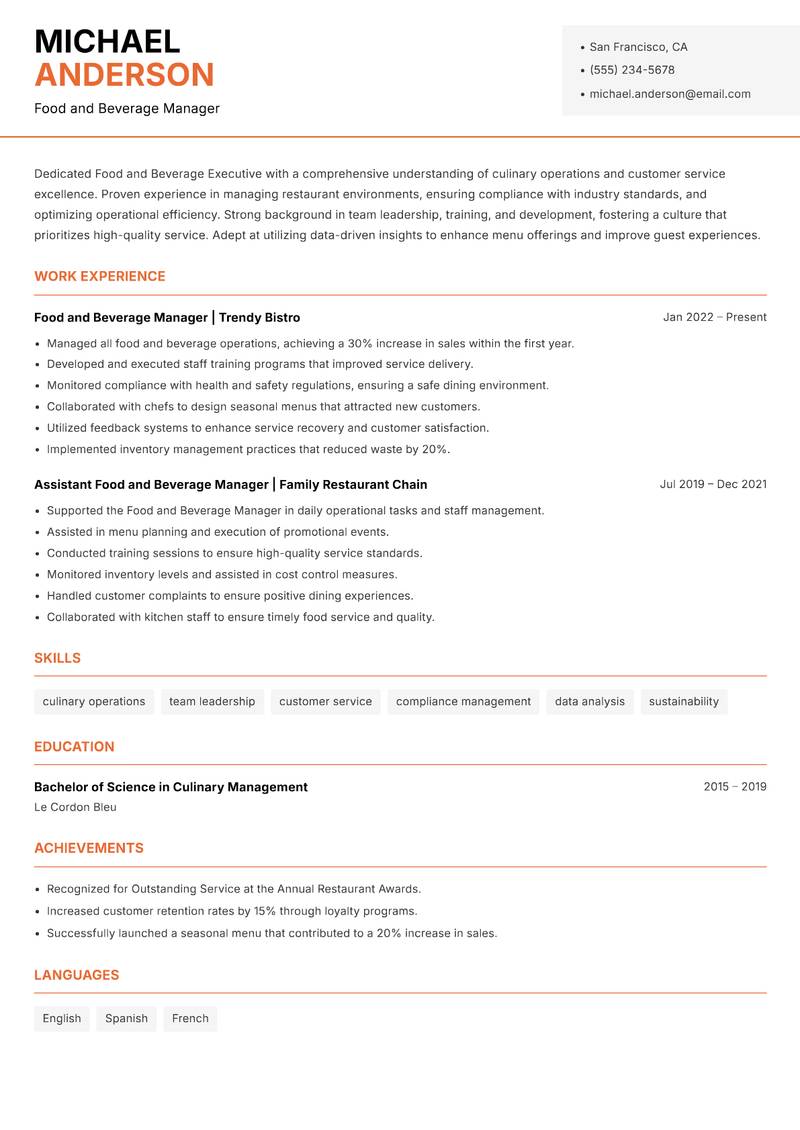 Food and Beverage Executive resume sample — Food and Beverage Manager focus