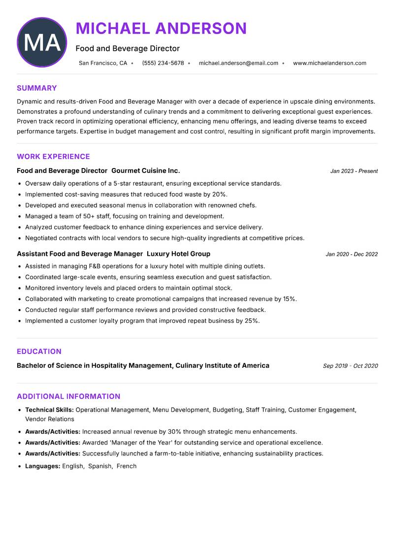 Food and Beverage Manager resume example