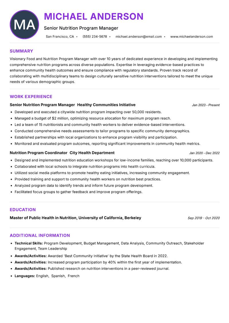 Food and Nutrition Program Manager resume example