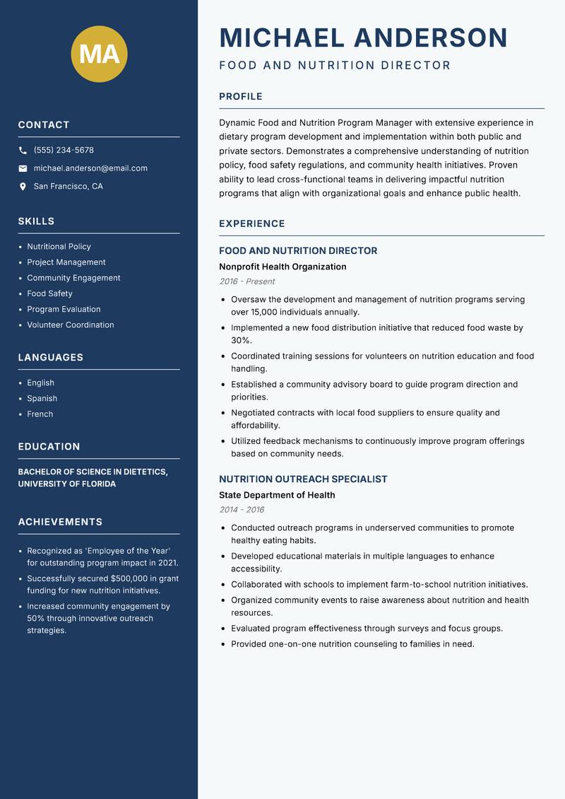 Food and Nutrition Program Manager resume sample — Food and Nutrition Director focus