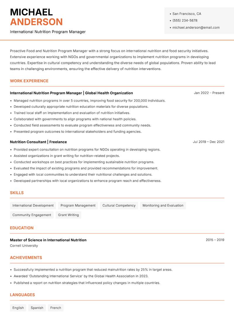 Food and Nutrition Program Manager resume sample — International Nutrition Program Manager focus