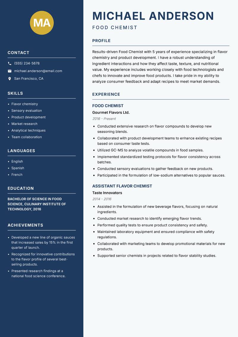 Food Chemist resume sample — Food Chemist focus