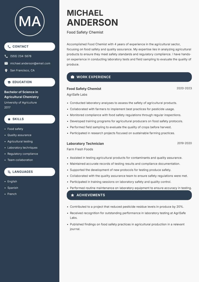 Food Chemist resume sample — Food Safety Chemist focus