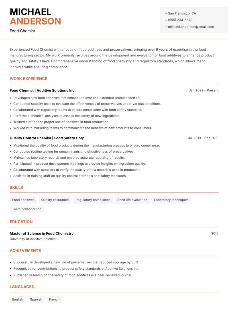 Food Chemist resume sample — Food Chemist focus