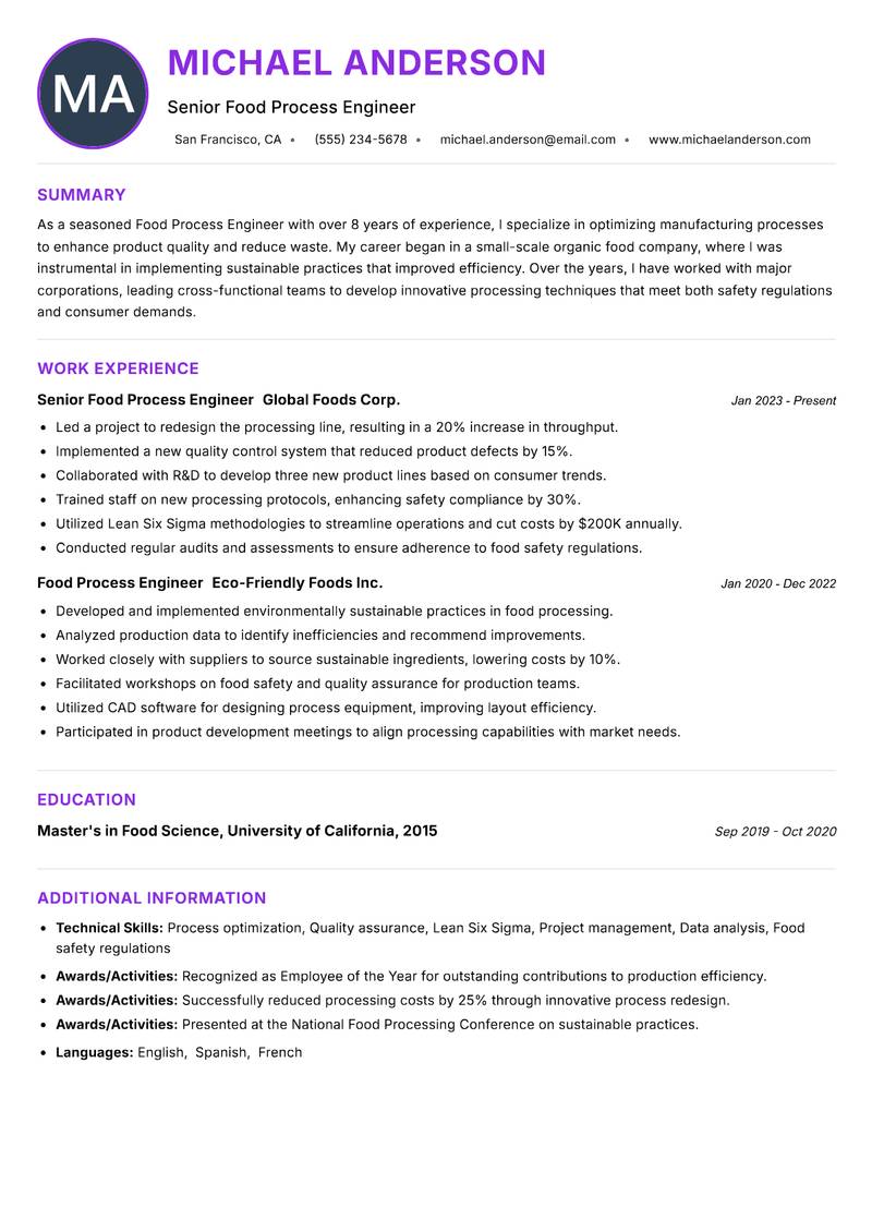 Food Process Engineer resume example