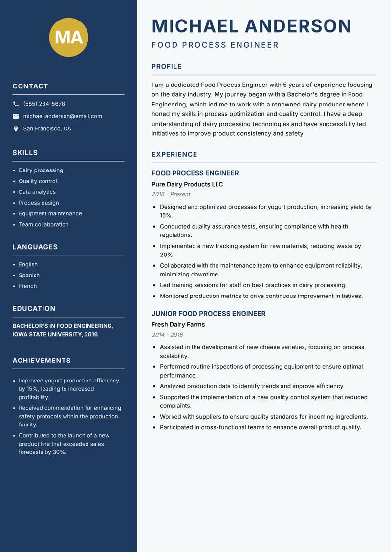 Food Process Engineer resume sample — Food Process Engineer focus