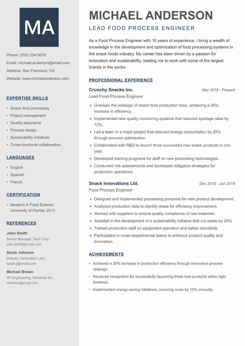 Food Process Engineer resume sample — Lead Food Process Engineer focus