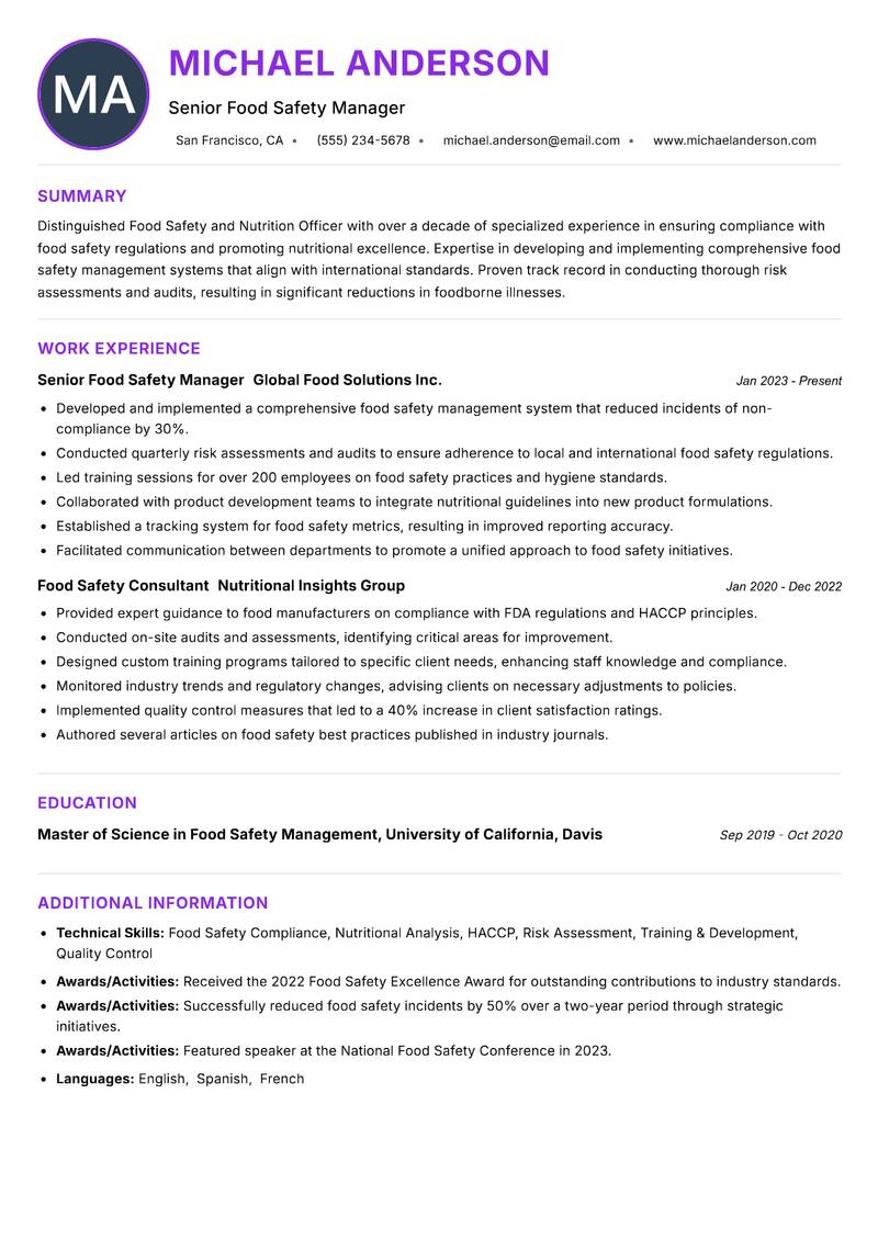 Food Safety and Nutrition Officer resume example