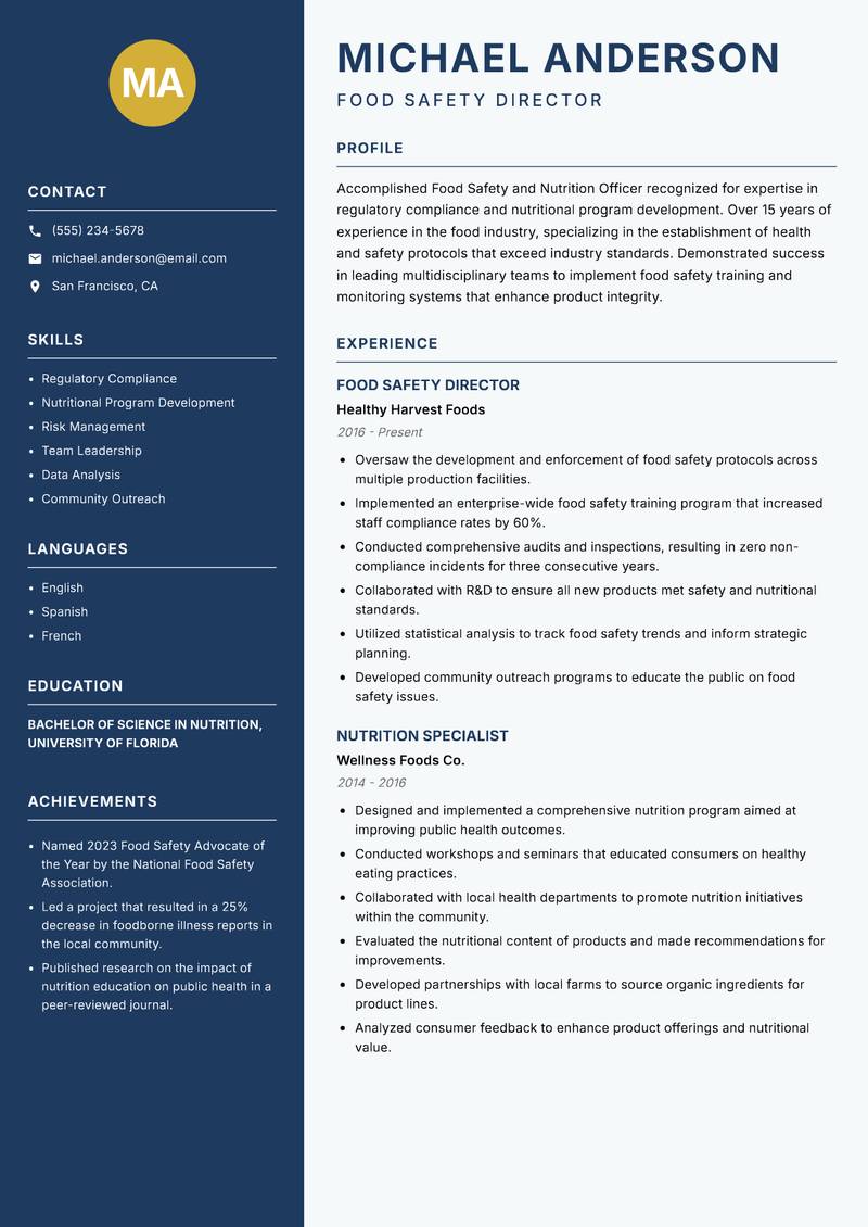 Food Safety and Nutrition Officer resume sample — Food Safety Director focus