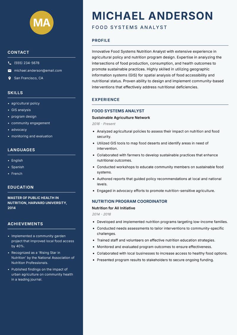 Food Systems Nutrition Analyst resume sample — Food Systems Analyst focus