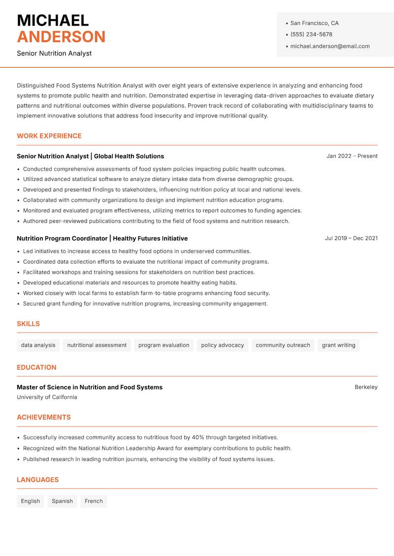 Food Systems Nutrition Analyst resume sample — Senior Nutrition Analyst focus