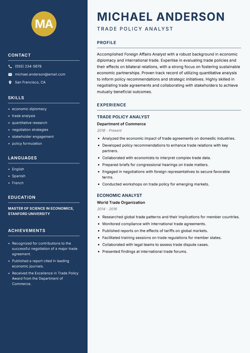 Foreign Affairs Analyst resume sample — Trade Policy Analyst focus