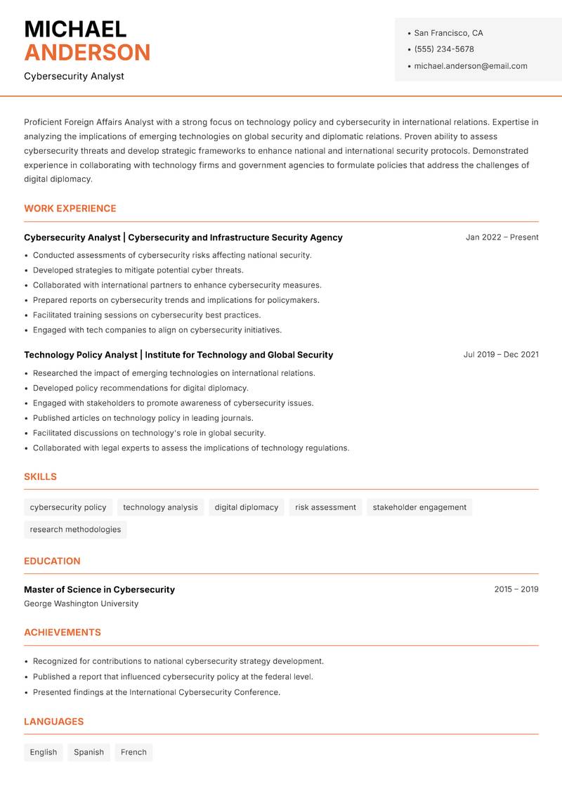 Foreign Affairs Analyst resume sample — Cybersecurity Analyst focus