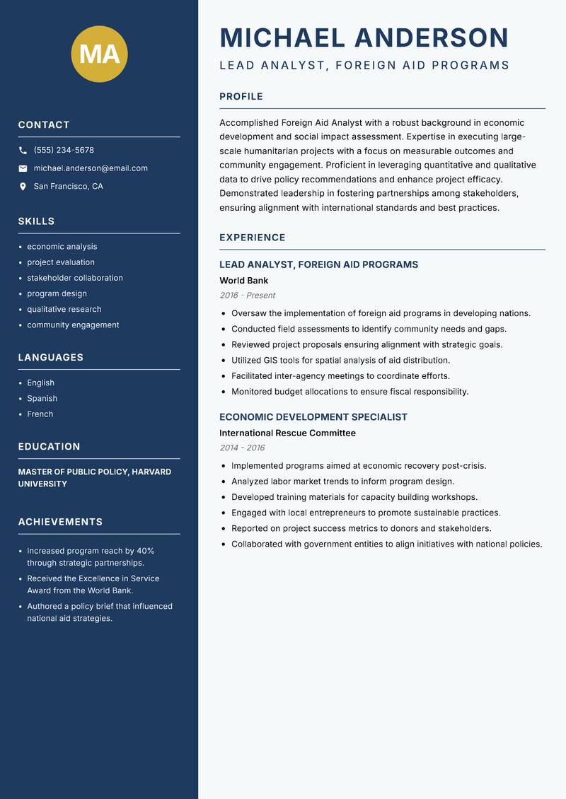 Foreign Aid Analyst resume sample — Lead Analyst, Foreign Aid Programs focus