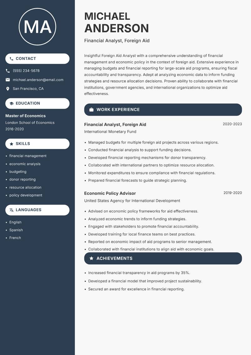 Foreign Aid Analyst resume sample — Financial Analyst, Foreign Aid focus