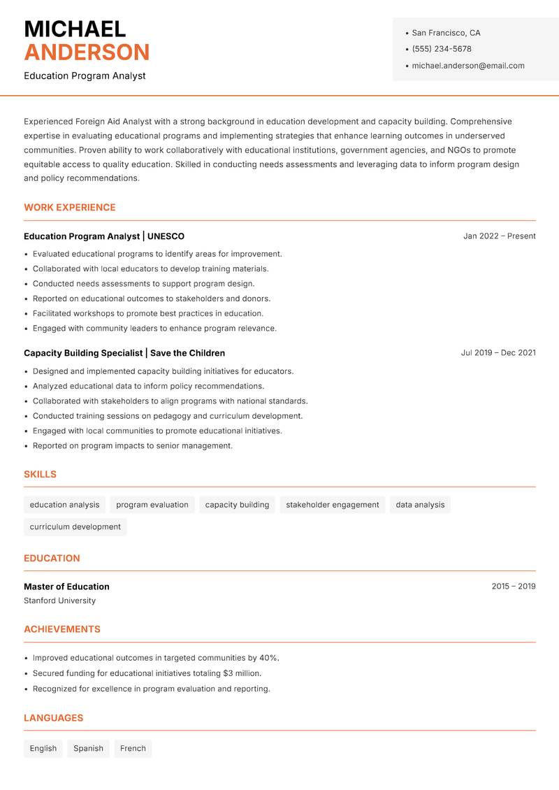 Foreign Aid Analyst resume sample — Education Program Analyst focus