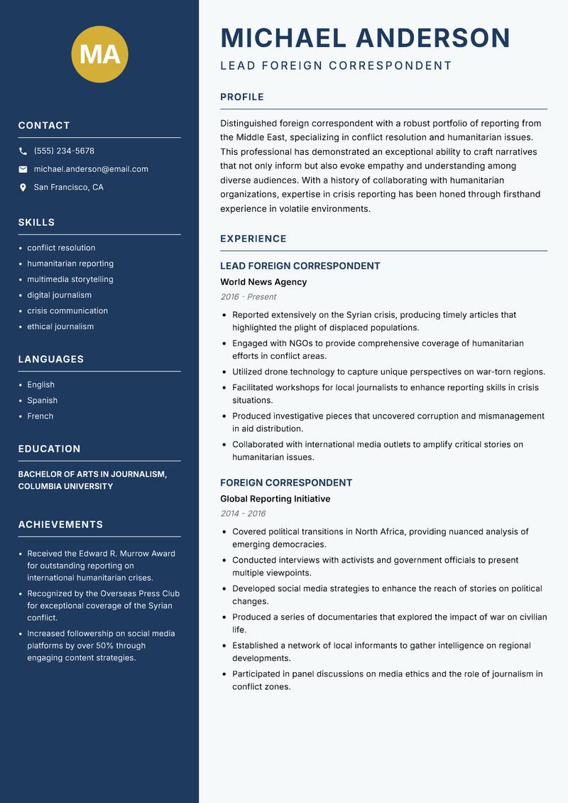 Foreign Correspondent resume sample — Lead Foreign Correspondent focus