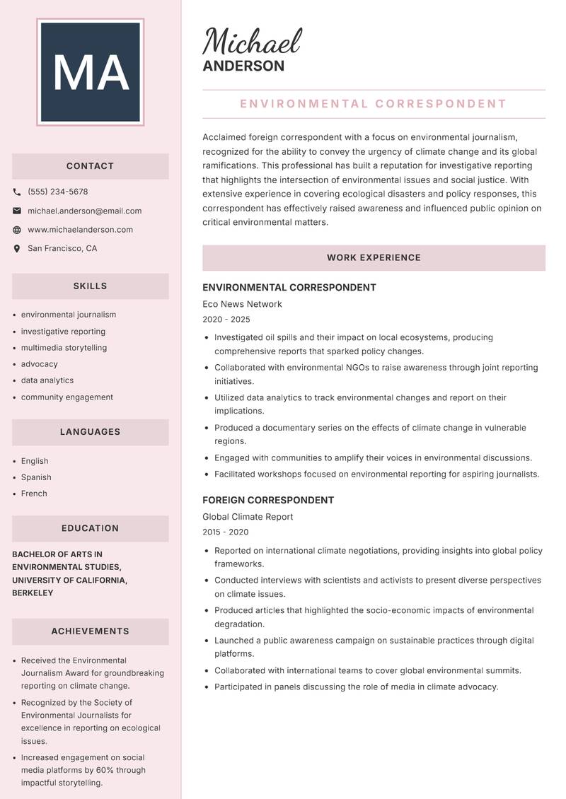 Foreign Correspondent resume sample — Environmental Correspondent focus