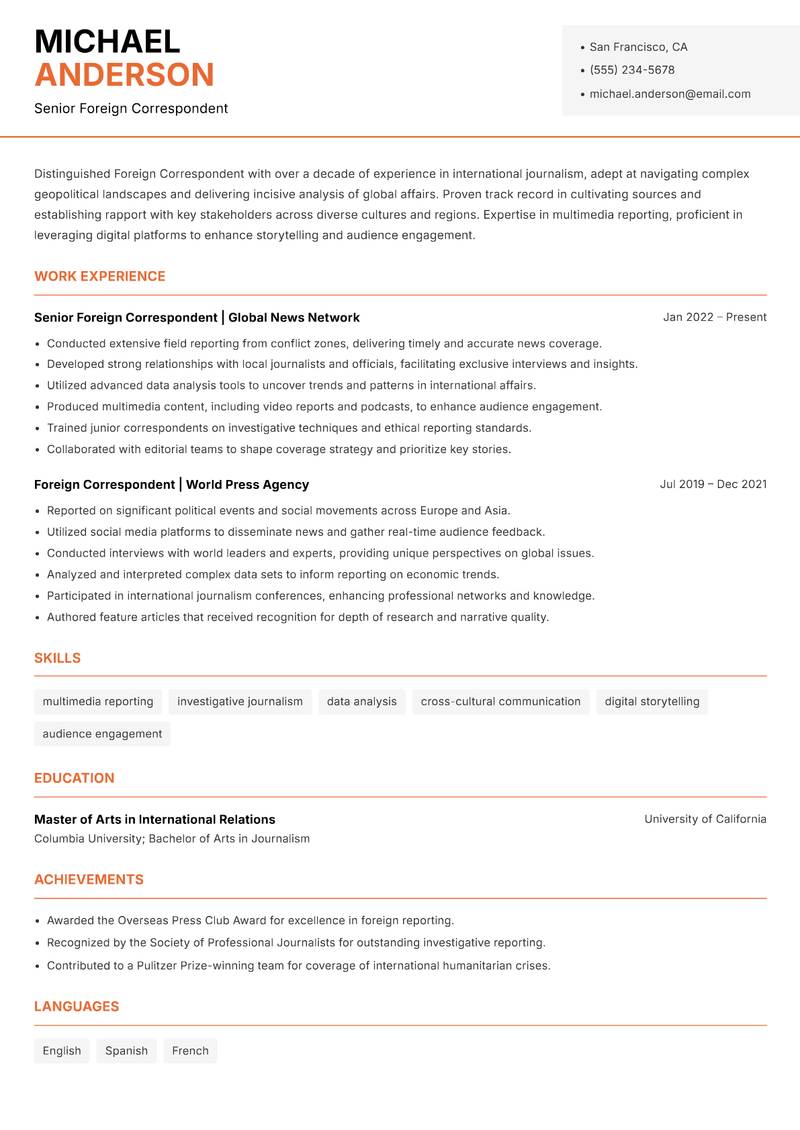 Foreign Correspondent resume sample — Senior Foreign Correspondent focus