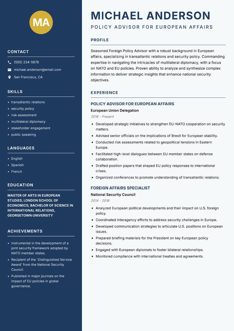 Foreign Policy Advisor resume sample — Policy Advisor for European Affairs focus