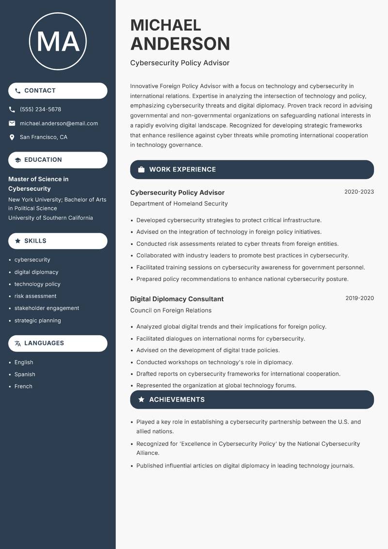 Foreign Policy Advisor resume sample — Cybersecurity Policy Advisor focus