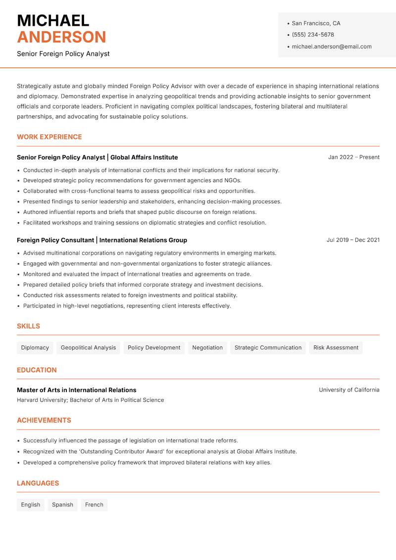 Foreign Policy Advisor resume sample — Senior Foreign Policy Analyst focus