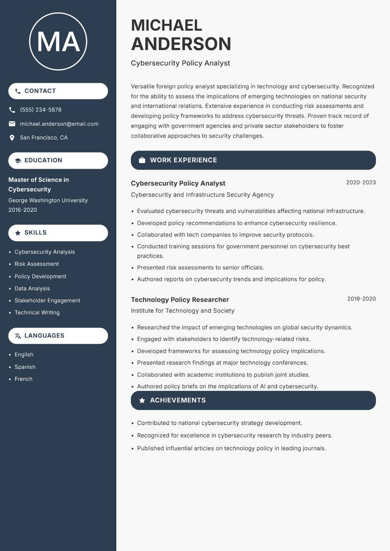 Foreign Policy Analyst resume sample — Cybersecurity Policy Analyst focus