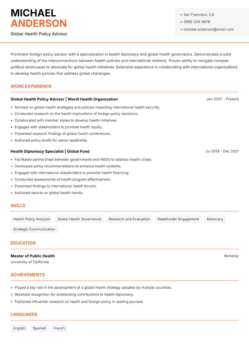 Foreign Policy Analyst resume sample — Global Health Policy Advisor focus