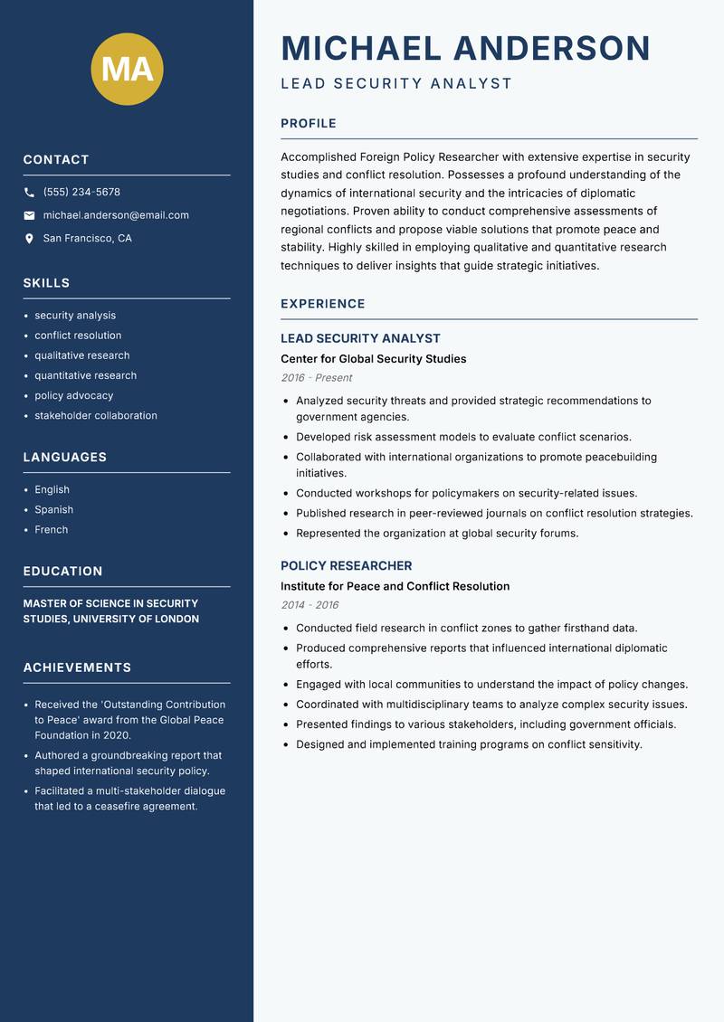 Foreign Policy Researcher resume sample — Lead Security Analyst focus