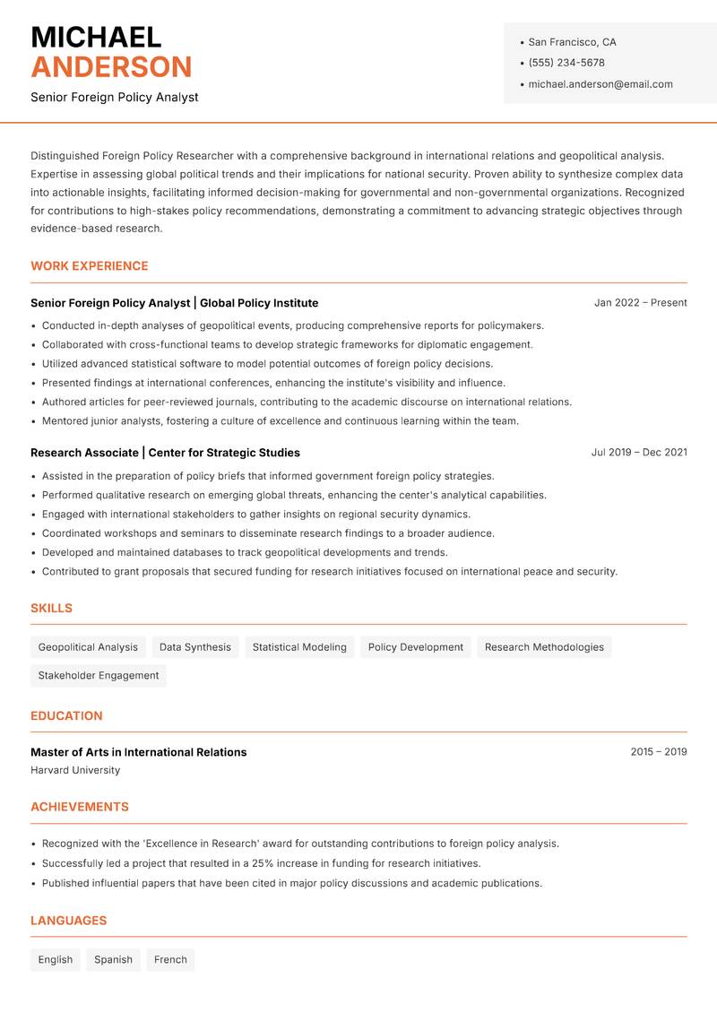 Foreign Policy Researcher resume sample — Senior Foreign Policy Analyst focus