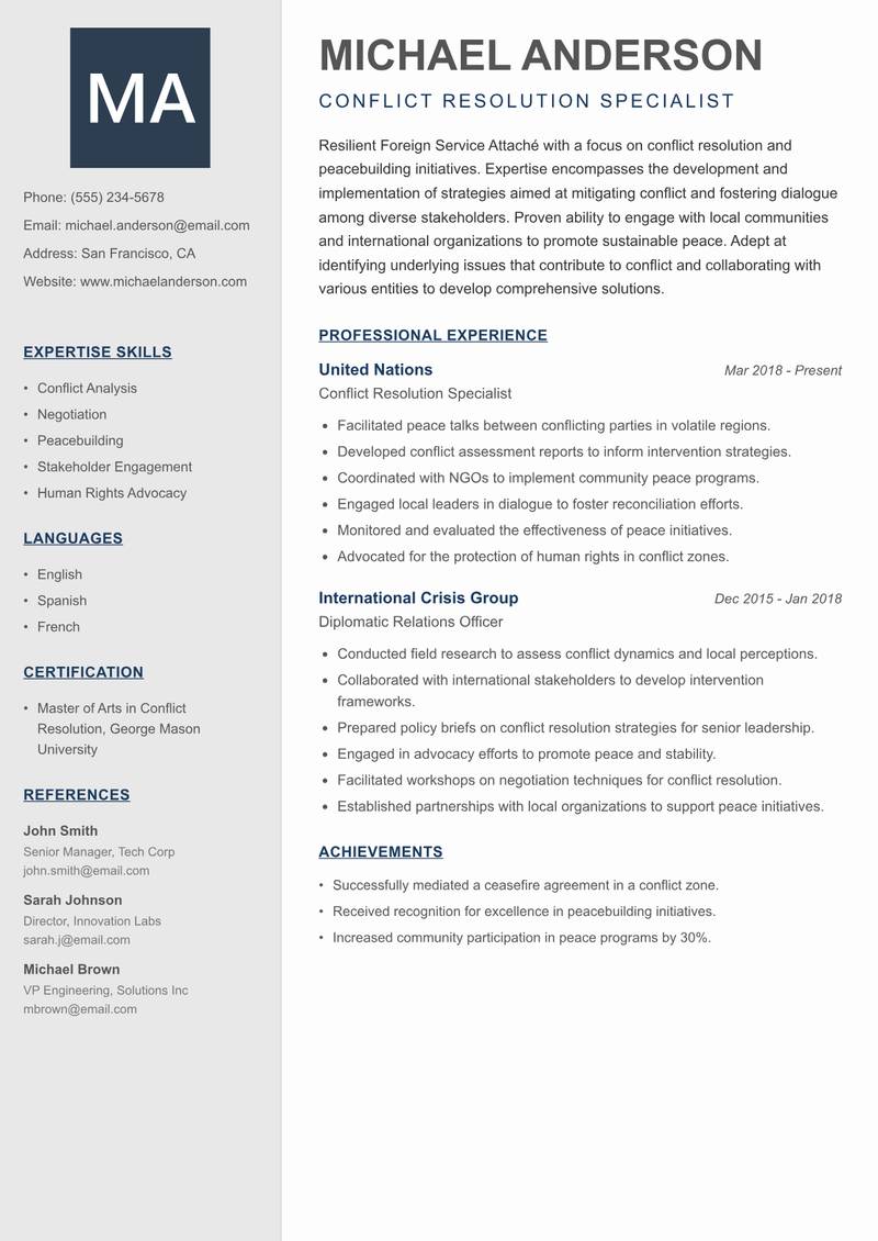 Foreign Service Attaché resume sample — Conflict Resolution Specialist focus
