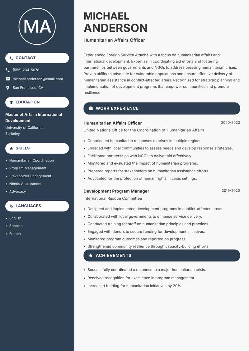 Foreign Service Attaché resume sample — Humanitarian Affairs Officer focus
