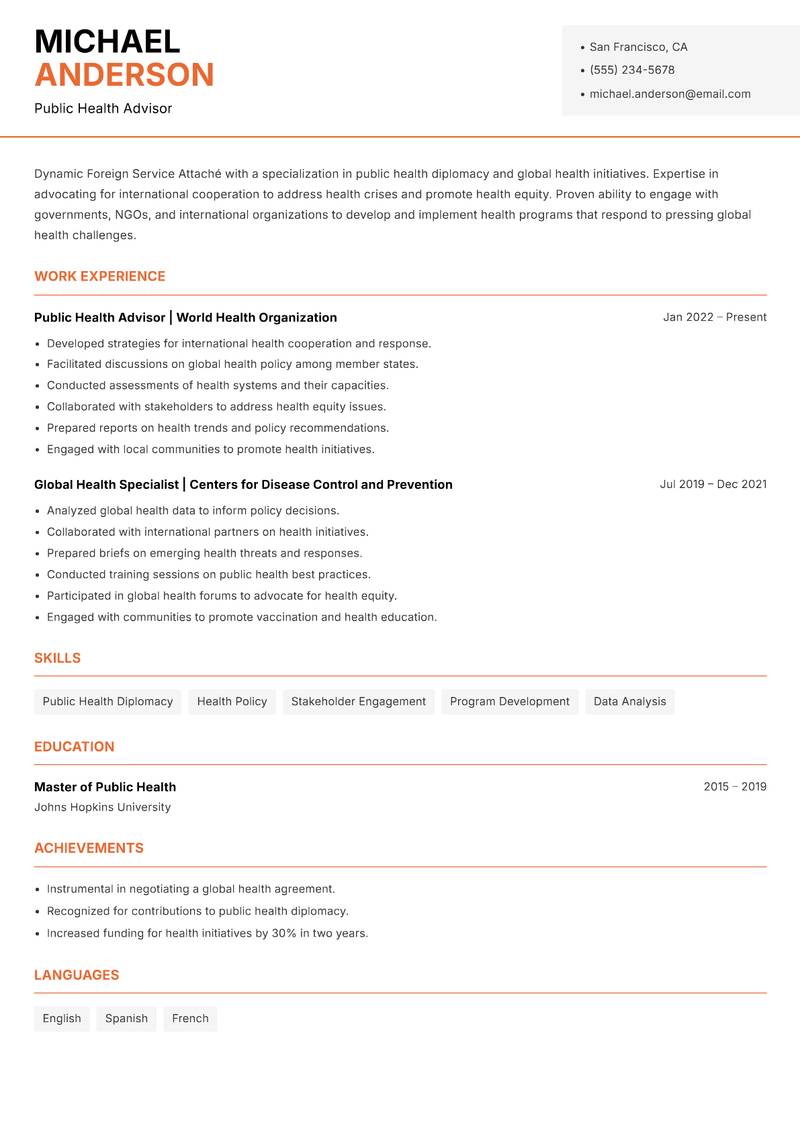 Foreign Service Attaché resume sample — Public Health Advisor focus