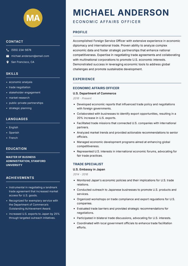 Foreign Service Officer resume sample — Economic Affairs Officer focus