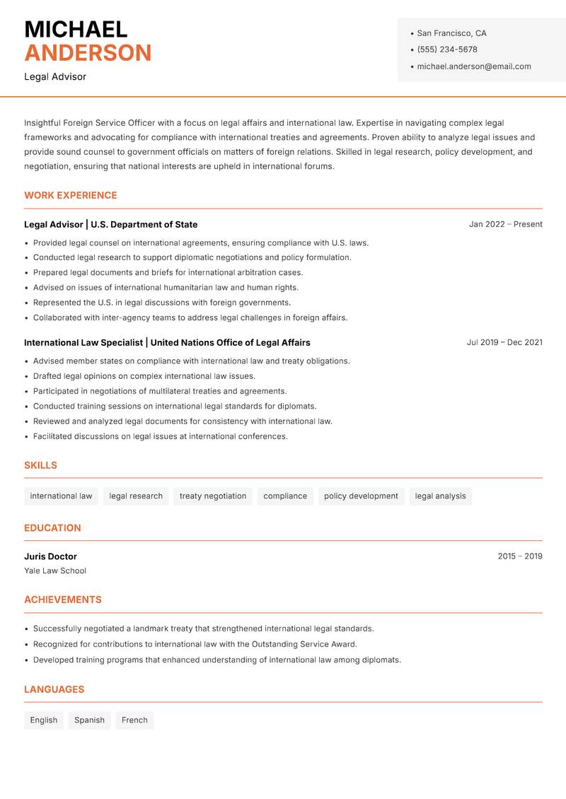 Foreign Service Officer resume sample — Legal Advisor focus