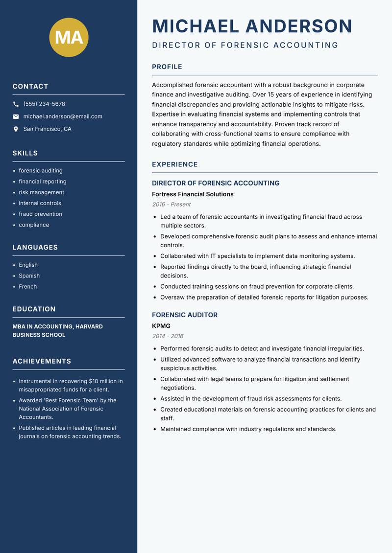 Forensic Accountant resume sample — Director of Forensic Accounting focus