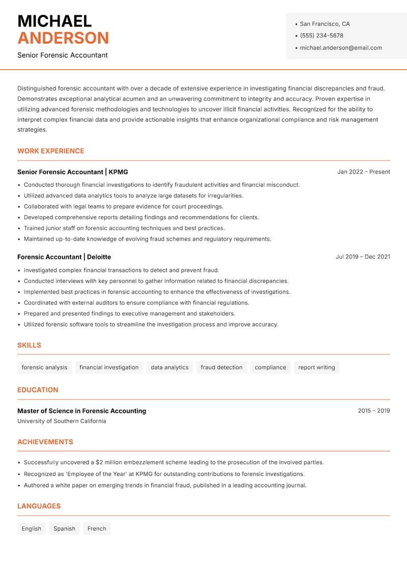 Forensic Accountant resume sample — Senior Forensic Accountant focus